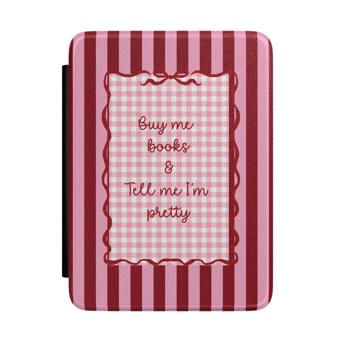 Buy Me Books Kindle case with pink and burgundy striped gingham cover