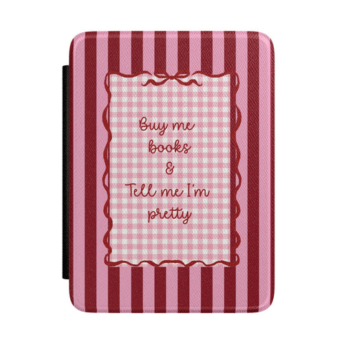 Buy Me Books Kindle case with pink and burgundy striped gingham cover