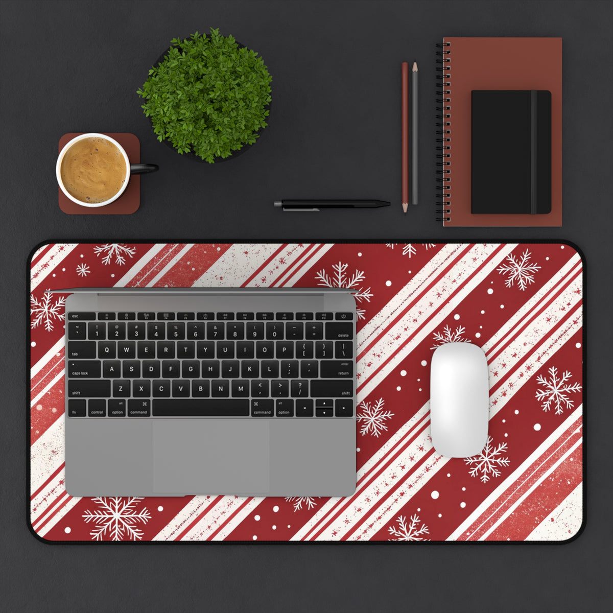 Candy Cane Snowflake desk mat with keyboard, mouse and coffee