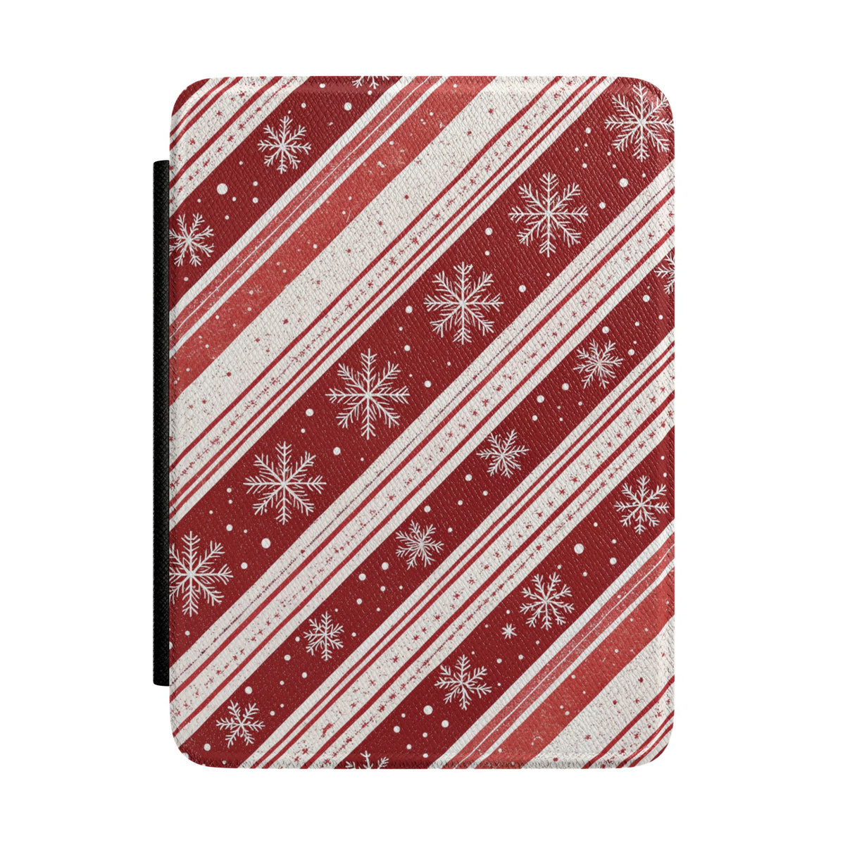 Candy Cane Snowflake Kindle case with red and cream stripes and snowflakes