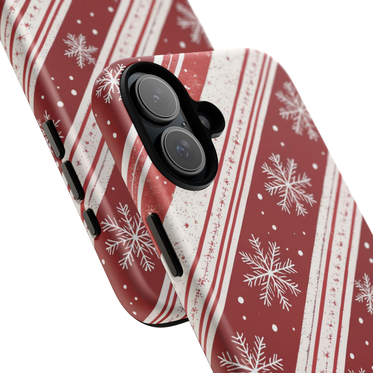 Close-up of the Candy Cane Snowflake print with white snowflakes