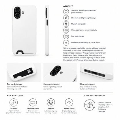Phone case with card holder size and compatibility information card