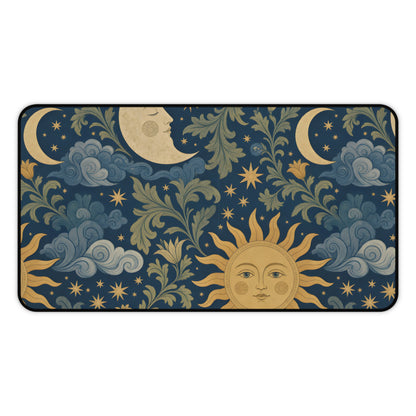 Celestial Garden desk mat laid flat with a golden sun and crescent moons