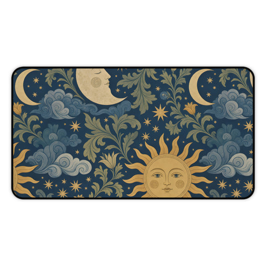 Celestial Garden desk mat laid flat with a golden sun and crescent moons