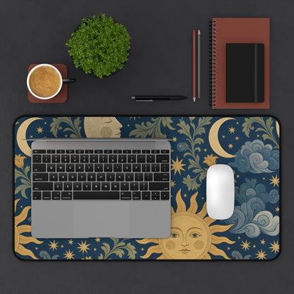 Celestial Garden desk mat on a dark desk with a laptop and coffee