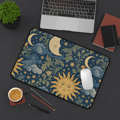 Celestial Garden desk mat from above with a laptop and mouse