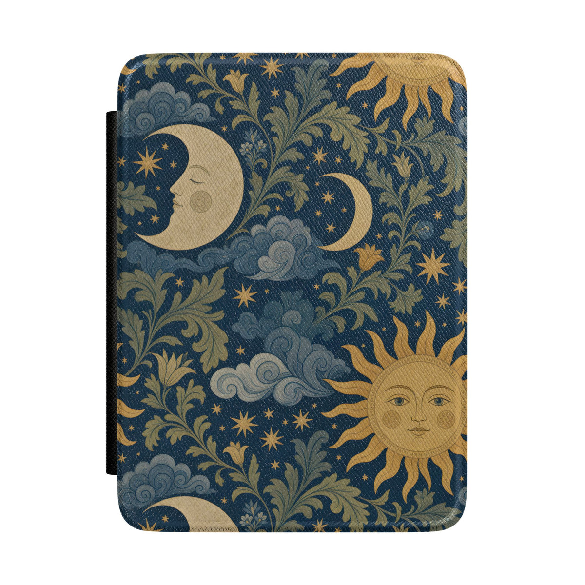 Celestial Garden Kindle case front cover with a golden sun and crescent moons