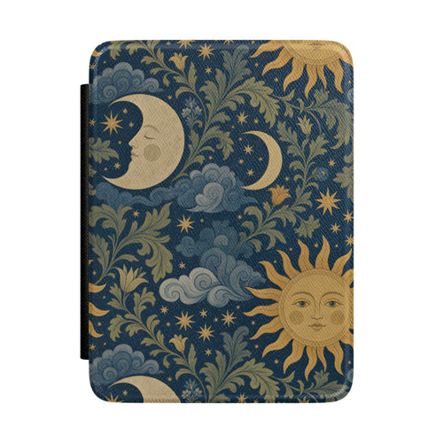 Celestial Garden Kindle case front cover with a golden sun and crescent moons