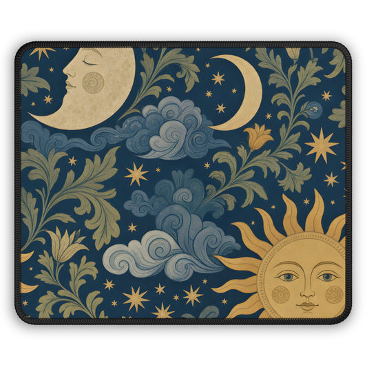 Celestial Garden mouse mat with a crescent moon and golden sun face