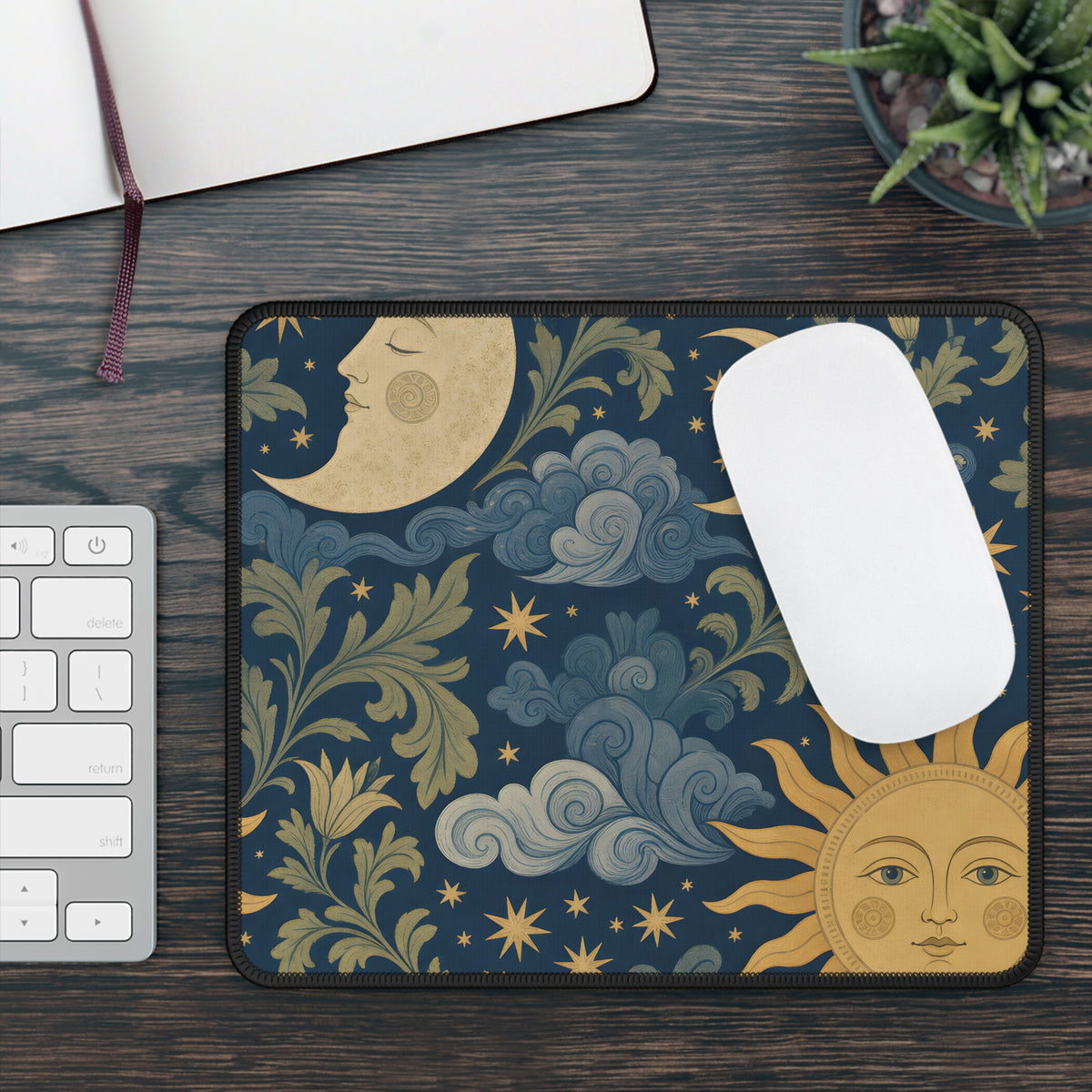 Celestial Garden mouse mat beside a keyboard with a white mouse