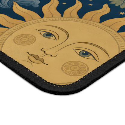 Close-up of the sun face and stitched edge of the Celestial Garden mouse mat