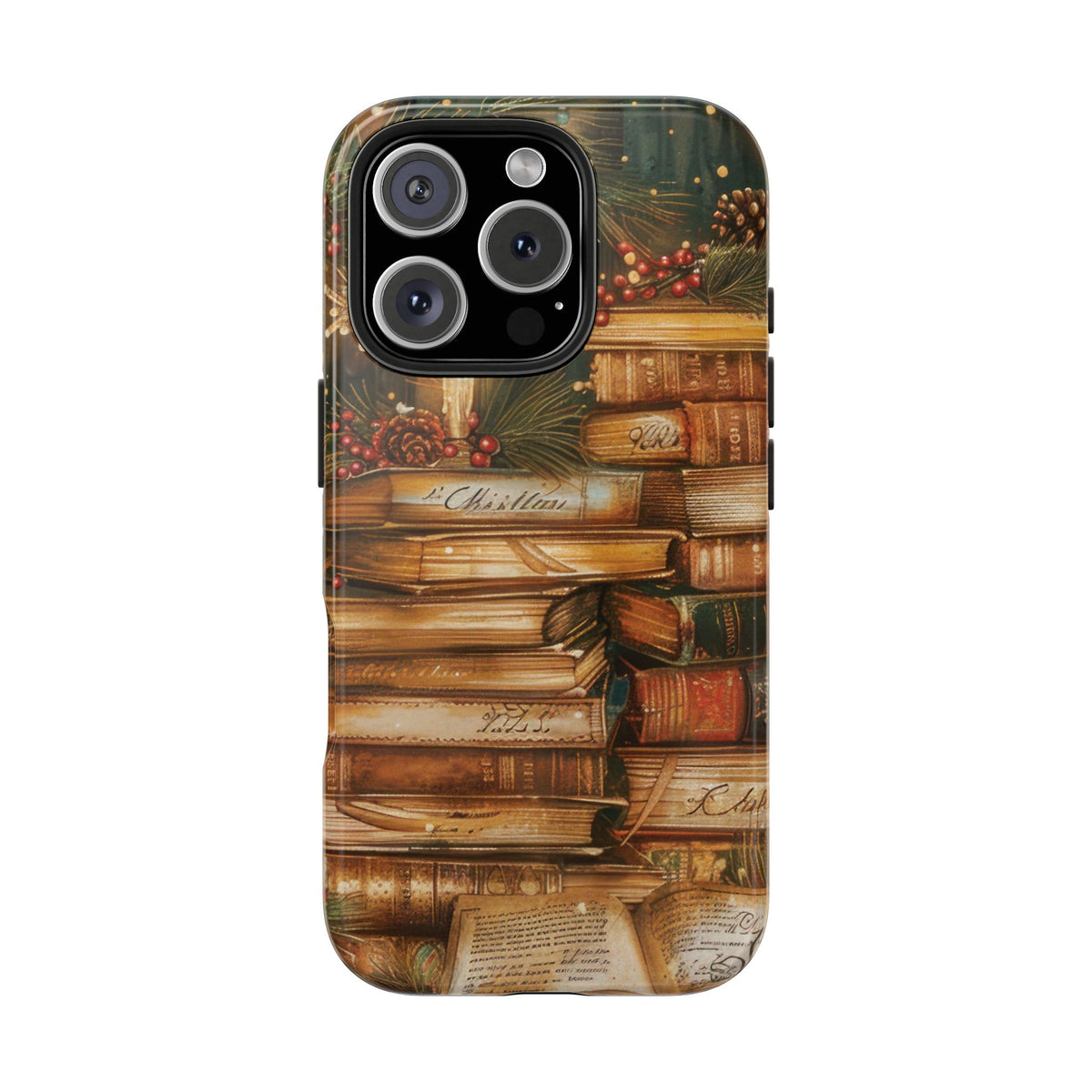Christmas Books tough phone case, back view with stacked vintage books, candlelight and pine