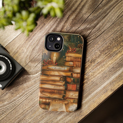 Christmas Books tough phone case on a desk next to a camera