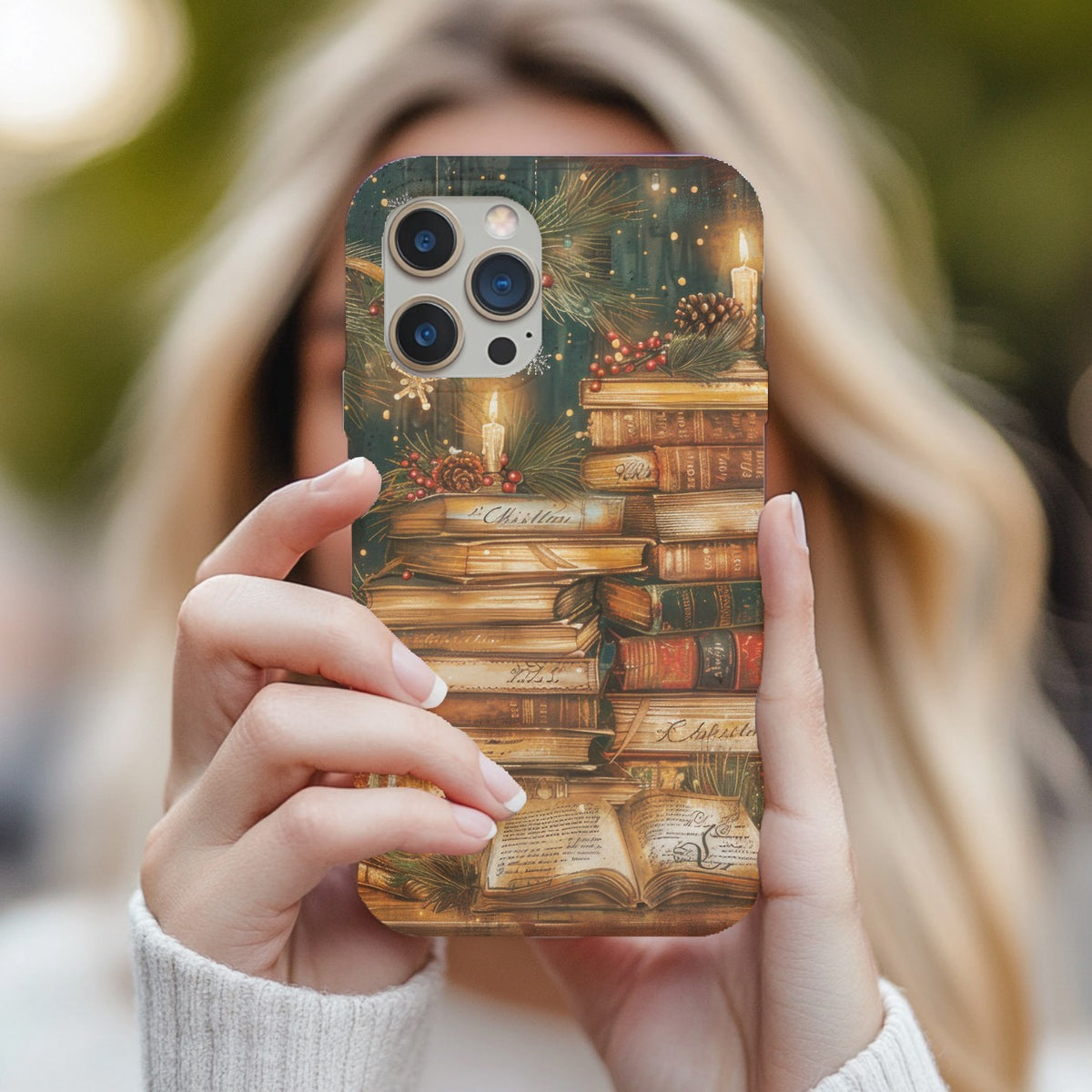 Christmas Books tough phone case held up for a selfie