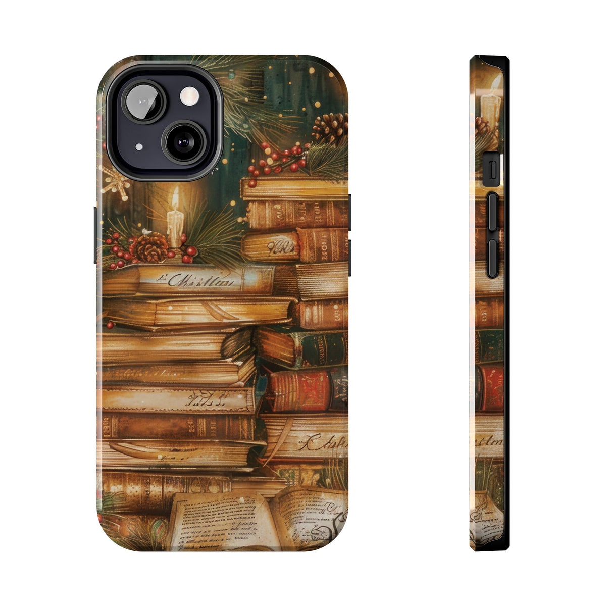 Christmas Books tough phone case shown from the back and side
