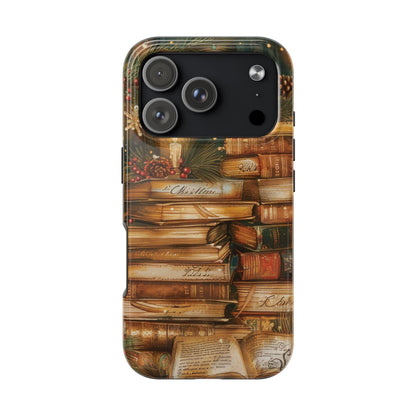 Christmas Books tough phone case, back view on an iPhone Pro model