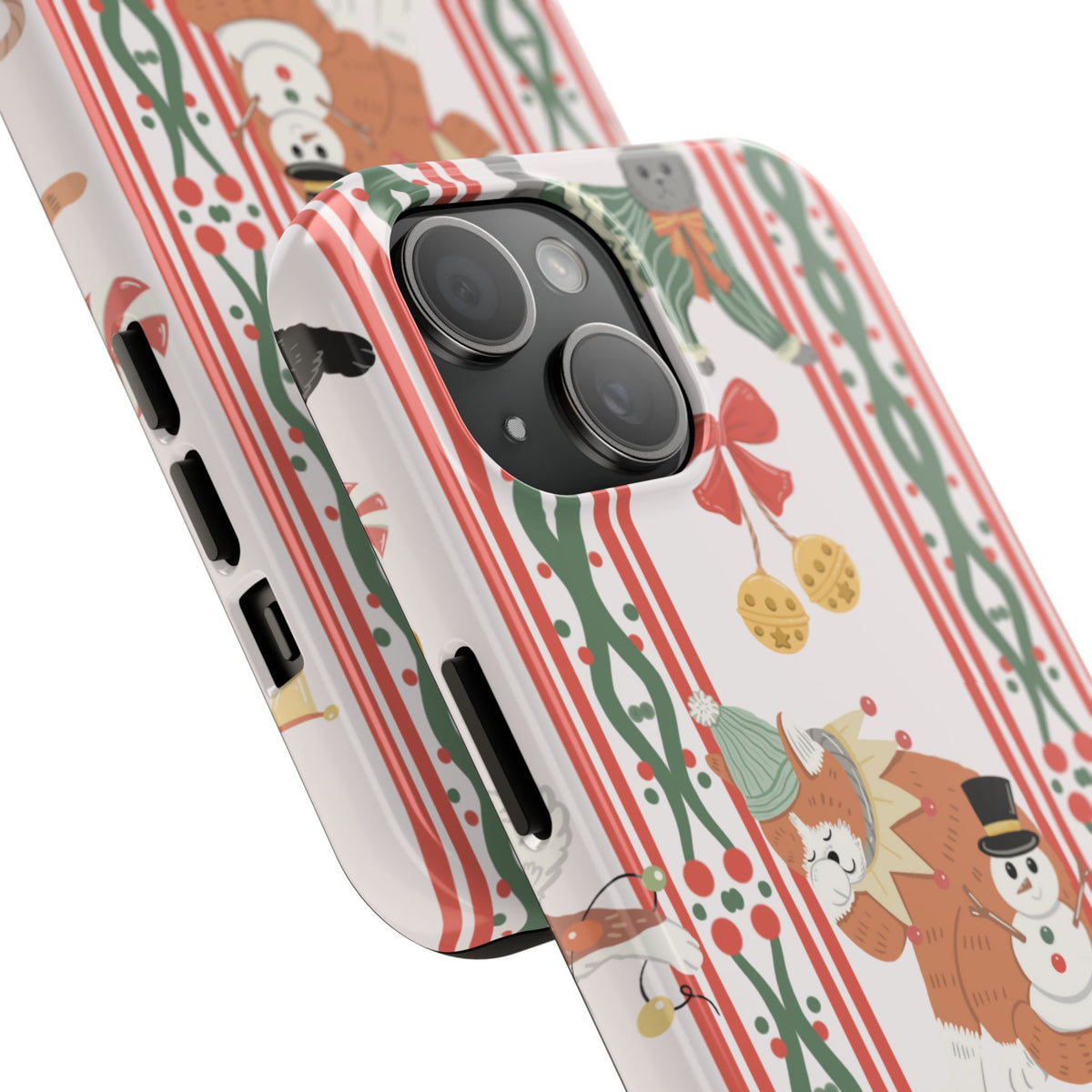 Close-up of the Christmas Cat print with its red and green knit border