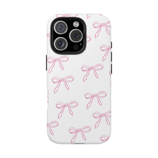 Coquette Bows tough phone case with a line drawn pink bow print on white
