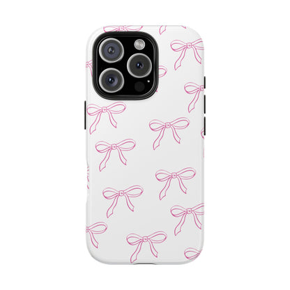 Coquette Bows tough phone case with a line drawn pink bow print on white