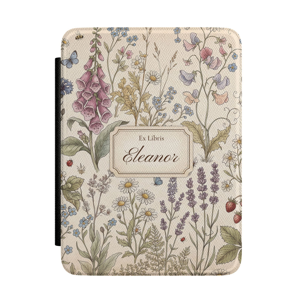 Cottage Meadow Ex Libris Kindle case with vintage wildflowers and a personalized name label