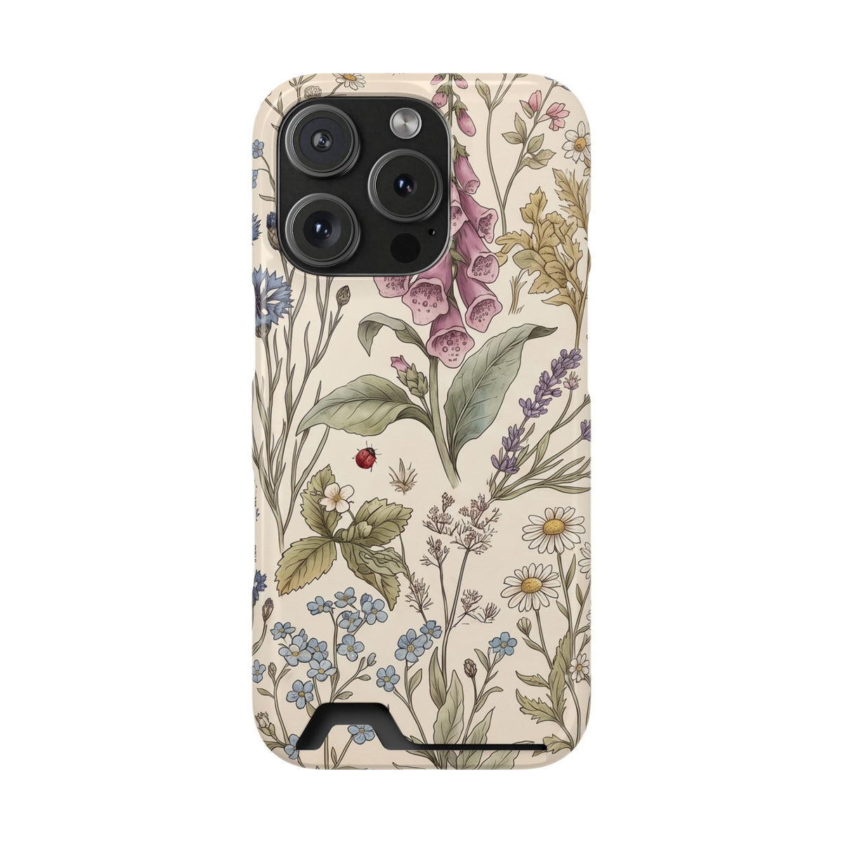 Cottage Meadow phone case with card holder, back view
