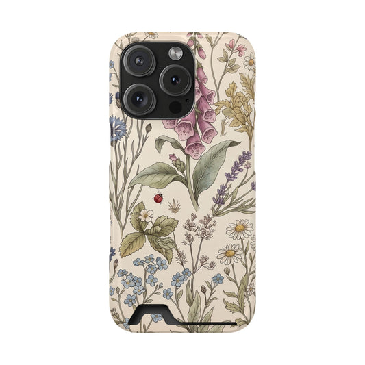 Cottage Meadow phone case with card holder, back view