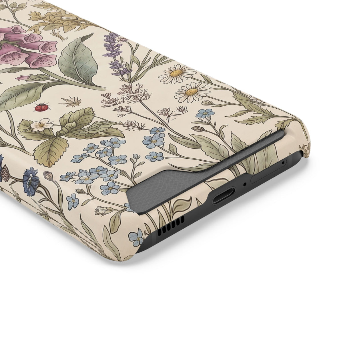 Angled view of the card slot on the Cottage Meadow phone case