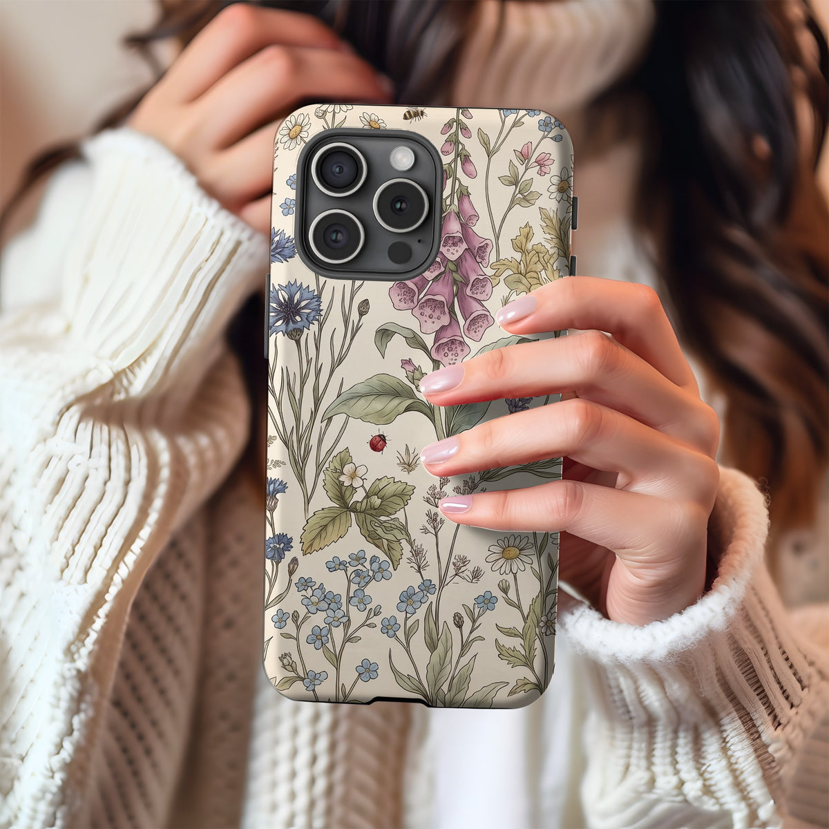 Cottage Meadow tough phone case held up in front of a cream knit sweater