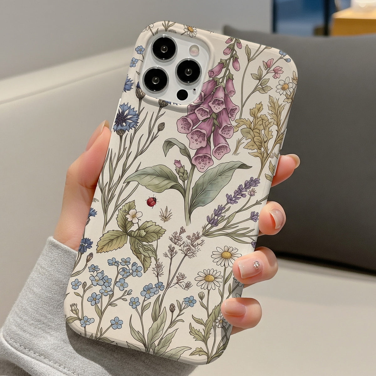 Cottage Meadow tough phone case held in hand
