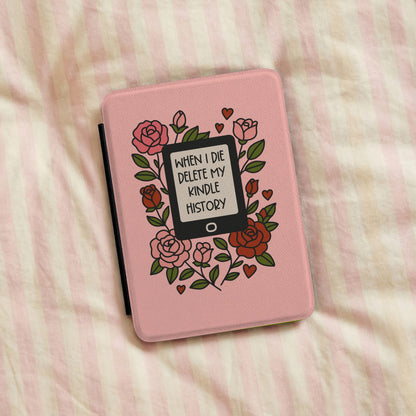 Delete My Kindle History Kindle case lying on striped pink bedding
