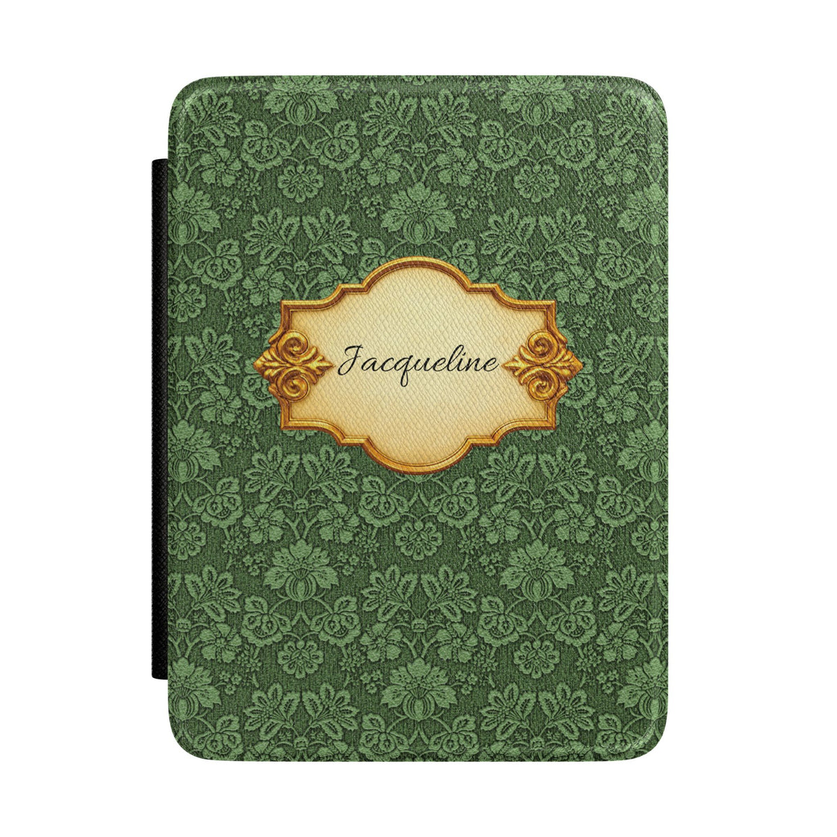 Emerald Damask Kindle case front cover with a gold nameplate