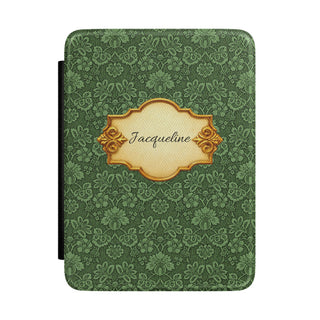 Emerald Damask Kindle case front cover with a gold nameplate