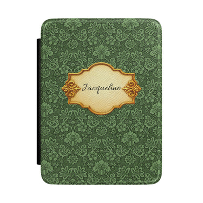 Emerald Damask Kindle case front cover with a gold nameplate