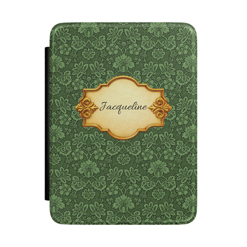Emerald Damask Kindle case front cover with a gold nameplate
