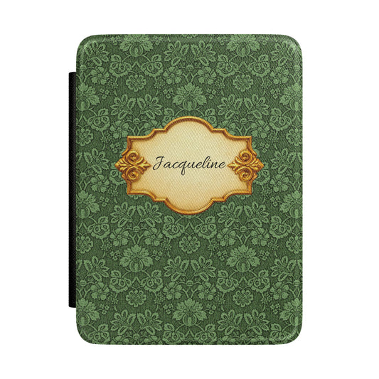 Emerald Damask Kindle case front cover with a gold nameplate