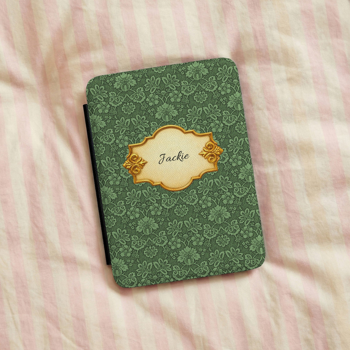 Emerald Damask Kindle case on pink bed linen