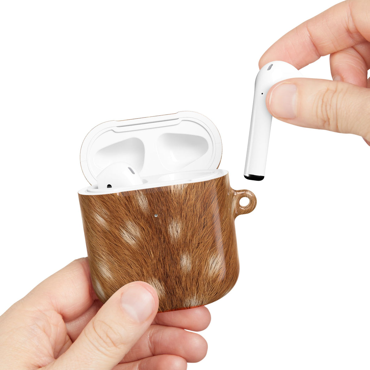 Fawn Print AirPods case held in hand