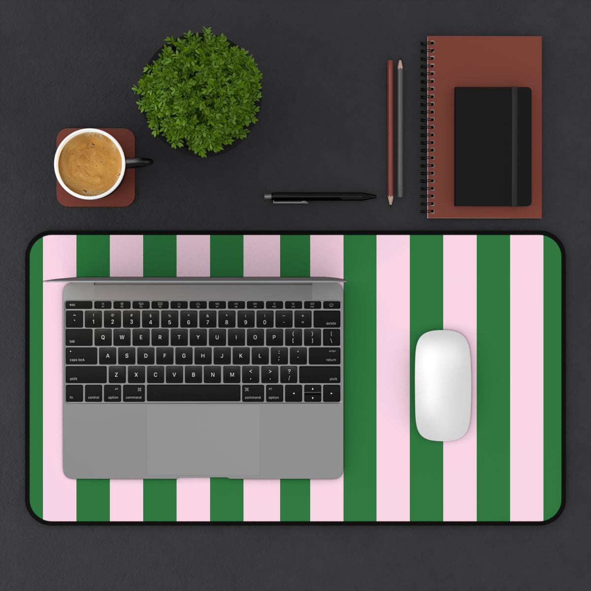Green cabana stripe desk mat in a styled home office setup