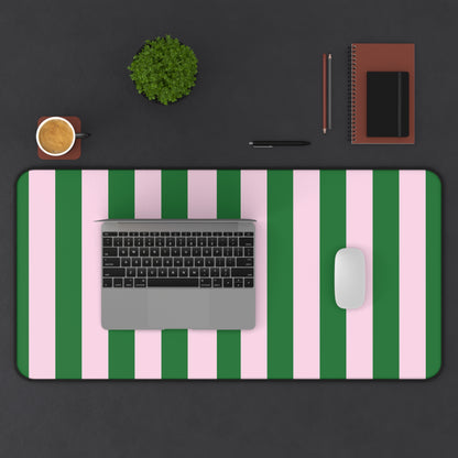Green cabana stripe desk mat under a laptop, keyboard and mouse