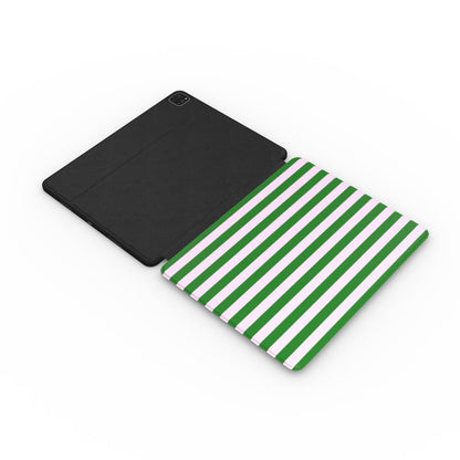 Green cabana stripe iPad case open, showing the printed front and black back