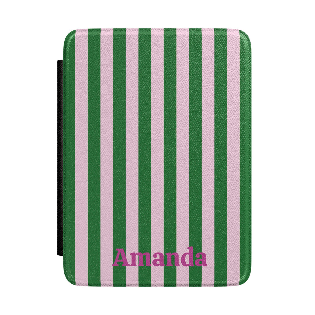 Green Cabana Stripe Kindle case front with personalized name