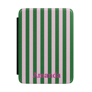 Green Cabana Stripe Kindle case front with personalized name