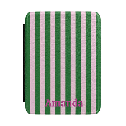 Green Cabana Stripe Kindle case front with personalized name