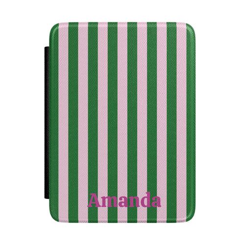Green Cabana Stripe Kindle case front with personalized name