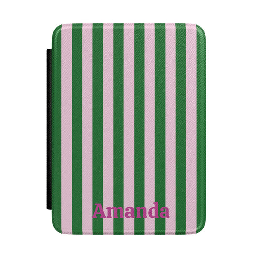 Green Cabana Stripe Kindle case front with personalized name