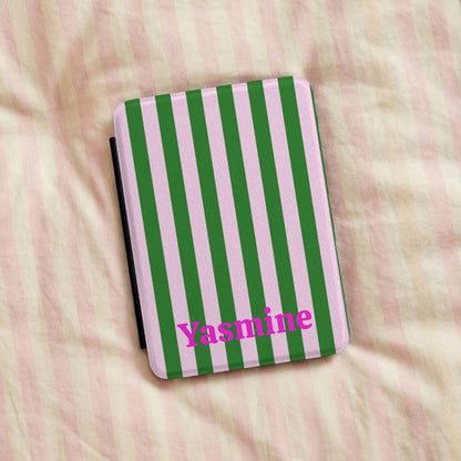 Green Cabana Stripe Kindle case with pink name on striped bedding