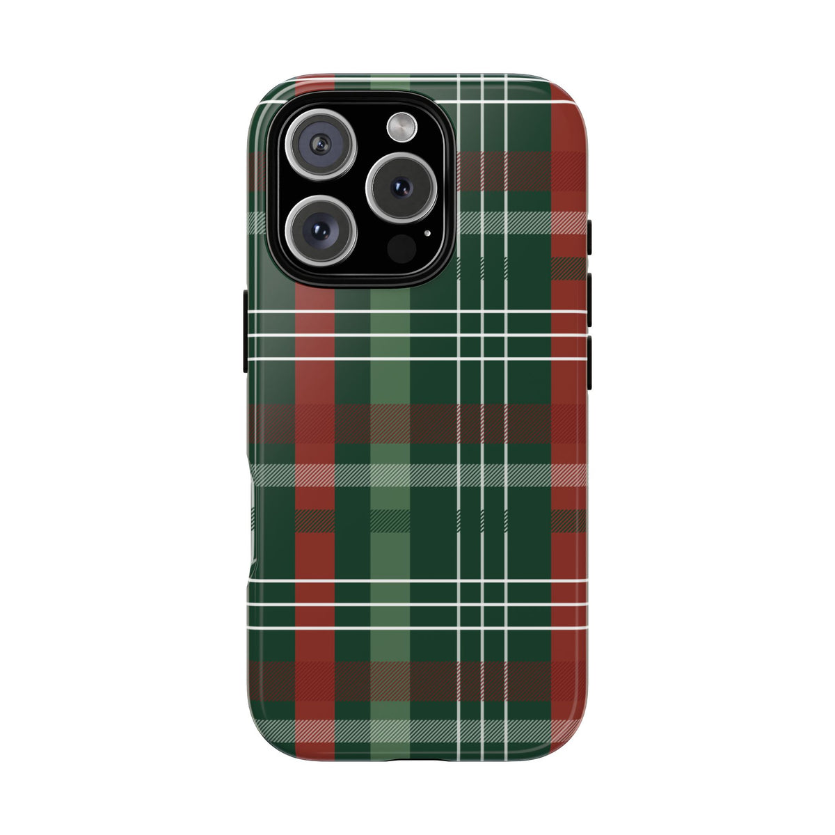 Green Christmas Plaid tough phone case, back view with pine green tartan and red stripes