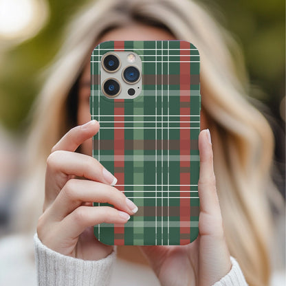 Green Christmas Plaid tough phone case held up for a selfie
