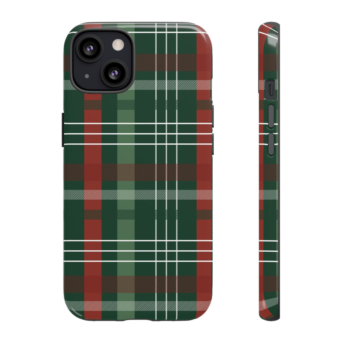 Green Christmas Plaid tough phone case shown from the back and side