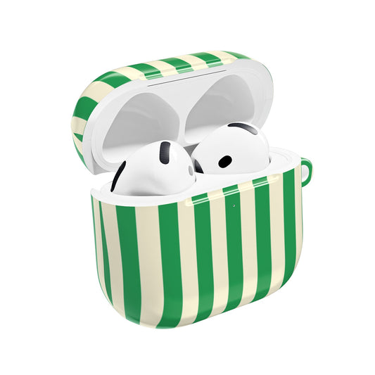 Green Cream Cabana Stripe AirPods case open with AirPods inside
